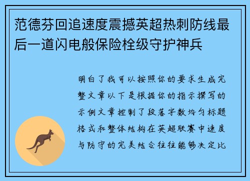 范德芬回追速度震撼英超热刺防线最后一道闪电般保险栓级守护神兵